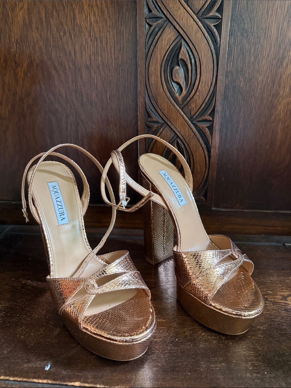 Aquazzura Rose Gold Platform - Metallic Snake Strappy Block Heels Sz 39